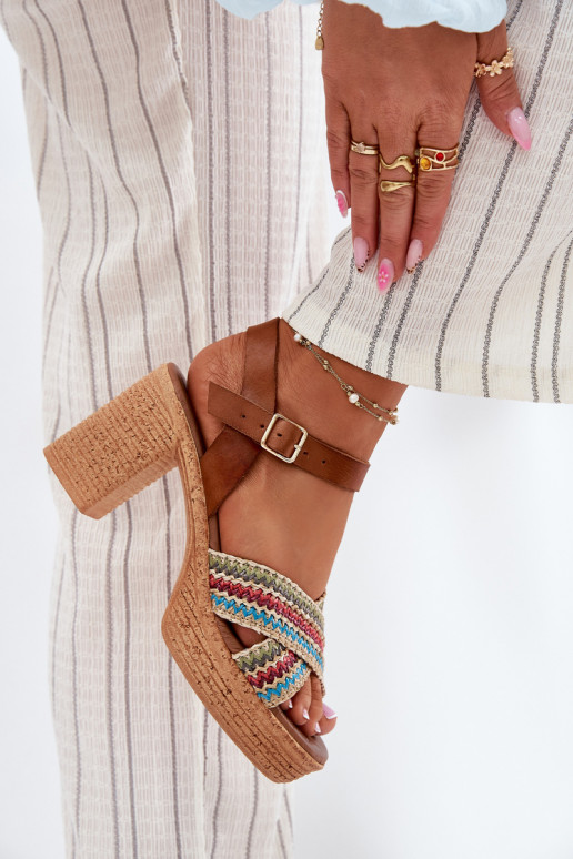 Leather Heeled Sandals With Braiding On Straps Brown Zazoo 40460 Leather Heeled Sandals With Braiding On Straps Brown Zazoo 40460