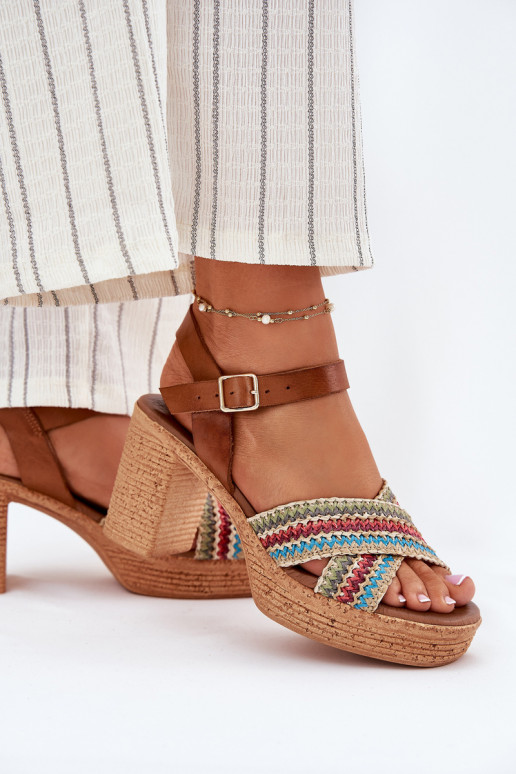 Leather Heeled Sandals With Braiding On Straps Brown Zazoo 40460 Leather Heeled Sandals With Braiding On Straps Brown Zazoo 40460