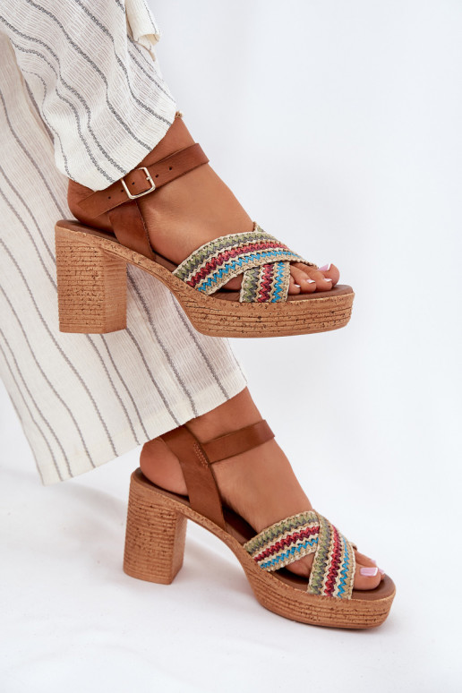 Leather Heeled Sandals With Braiding On Straps Brown Zazoo 40460 Leather Heeled Sandals With Braiding On Straps Brown Zazoo 40460