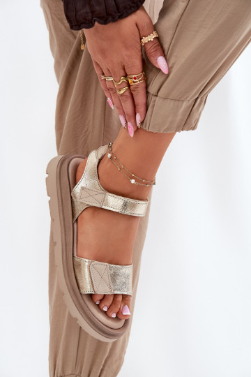 Ladies leather sandals on platform gold Zazoo 40443