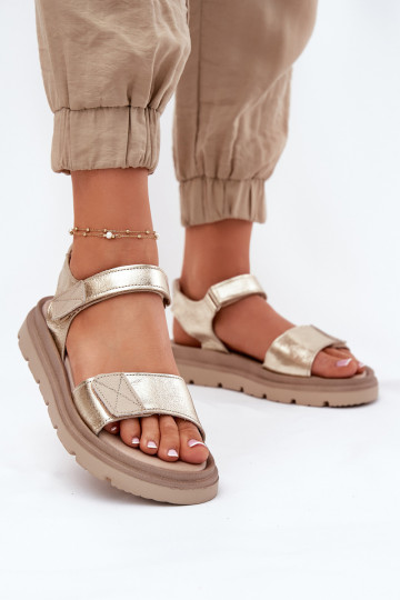 Ladies leather sandals on platform gold Zazoo 40443 2