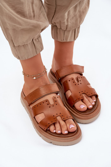 Ladies Sandals Made Of Natural Leather On Platform Brown Zazoo 40440