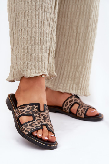 Leather Flat Slippers With Leopard Print Zazoo 40383 Black