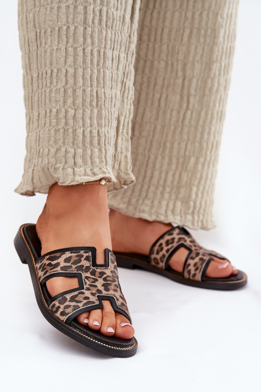 Leather Flat Slippers With Leopard Print Zazoo 40383 Black
