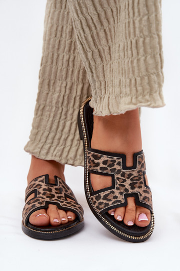 Leather Flat Slippers With Leopard Print Zazoo 40383 Black 2
