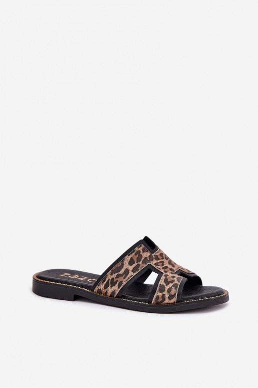 Leather Flat Slippers With Leopard Print Zazoo 40383 Black
