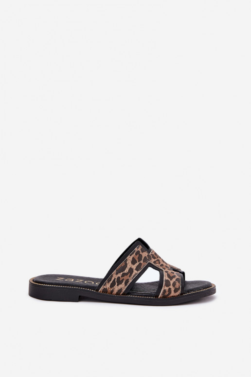 Leather Flat Slippers With Leopard Print Zazoo 40383 Black