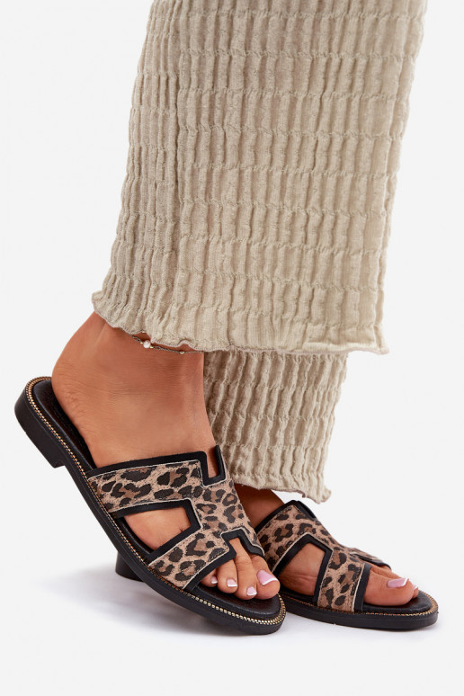 Leather Flat Slippers With Leopard Print Zazoo 40383 Black