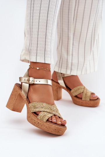 Leather Heeled Sandals With Braided Straps Zazoo 40460 Gold