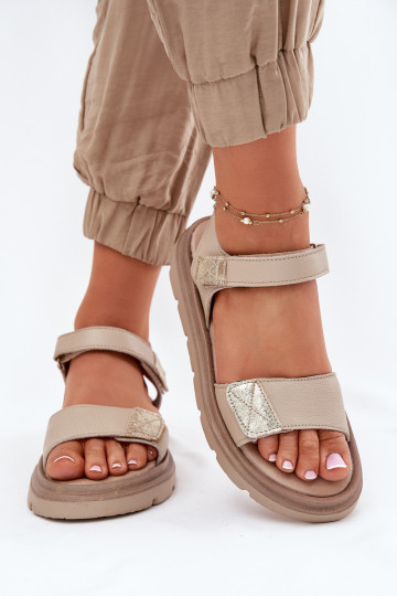 Ladies Leather Sandals On Platform Beige Zazoo 40443