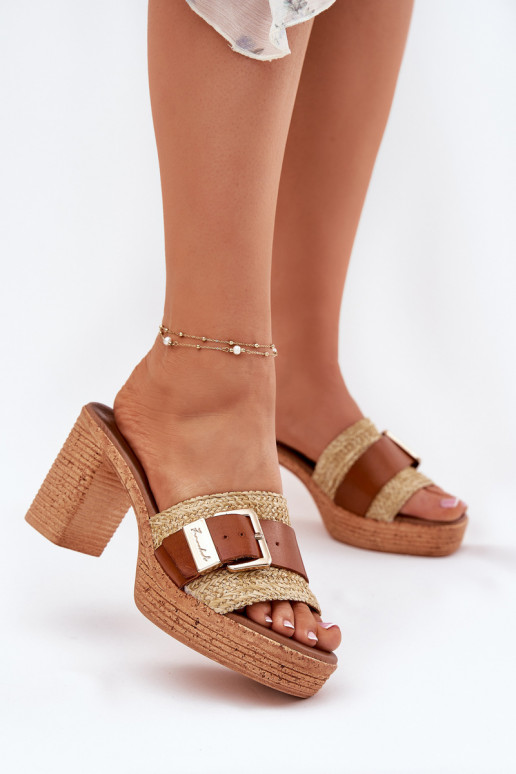 Leather Women's Heeled Sandals With Buckle And Braiding Brown Zazoo 40459 Leather Women's Heeled Sandals With Buckle And Braiding Brown Zazoo 40459
