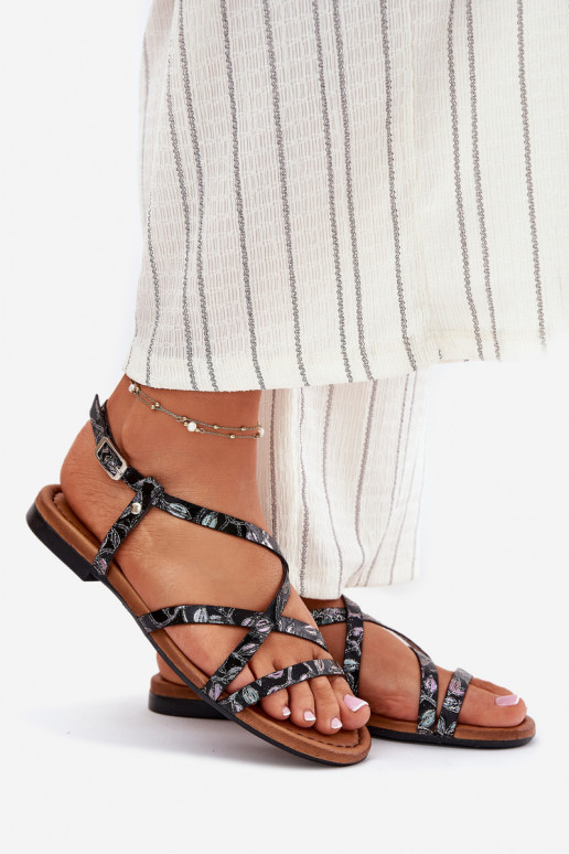 Płaskie Skórzane Sandały Damskie Maciejka 06635-05 Czarne