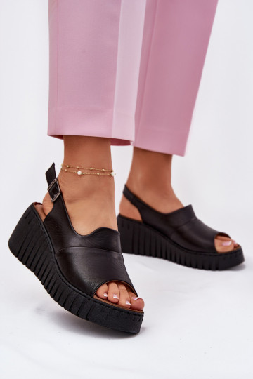 Ladies Sandals Made Of Natural Leather On Wedge Artiker Black 54C0791