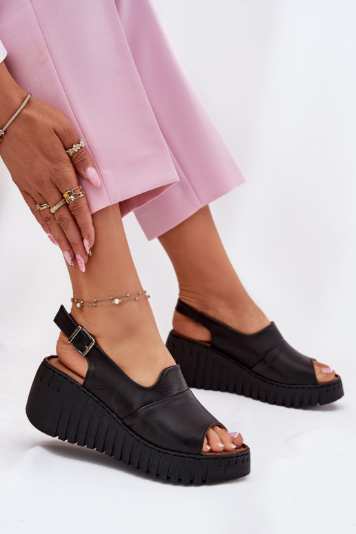 Ladies Sandals Made Of Natural Leather On Wedge Artiker Black 54C0791