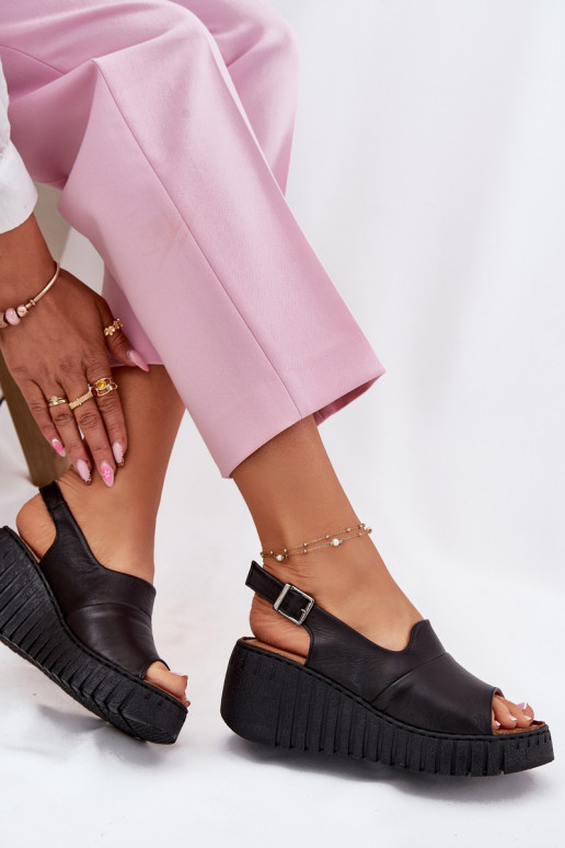 Ladies Sandals Made Of Natural Leather On Wedge Artiker Black 54C0791