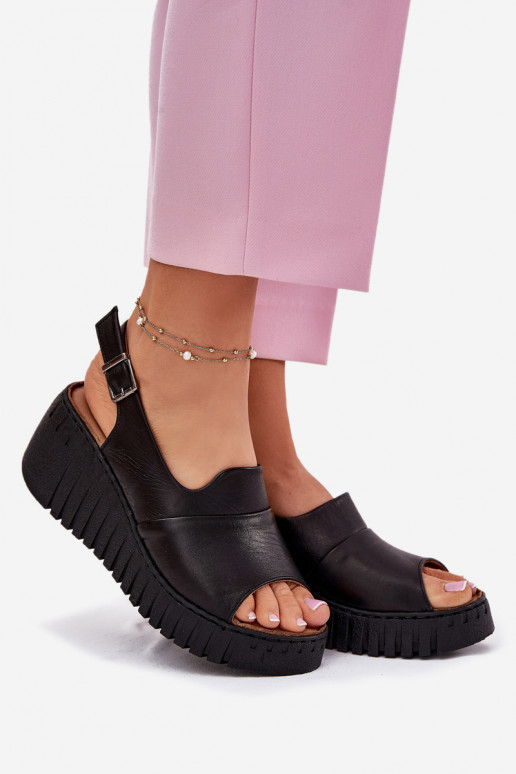 Ladies Sandals Made Of Natural Leather On Wedge Artiker Black 54C0791