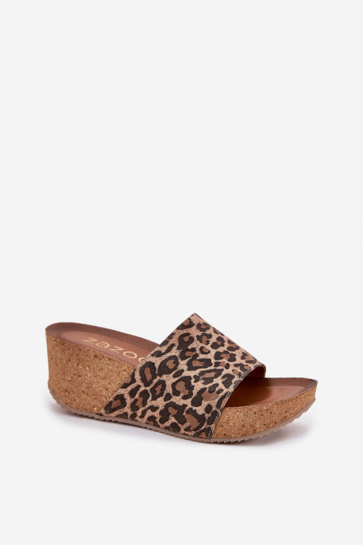 Zazoo 40289 Leather Women's Slides On Cork Wedge Leopard Zazoo 40289 Leather Women's Slides On Cork Wedge Leopard