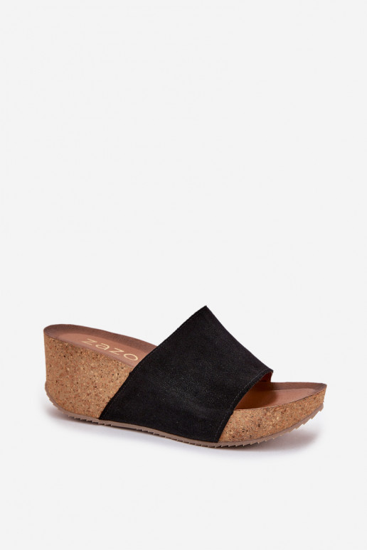 Women Suede Sandals On Cork Wedge Black Zazoo 40311