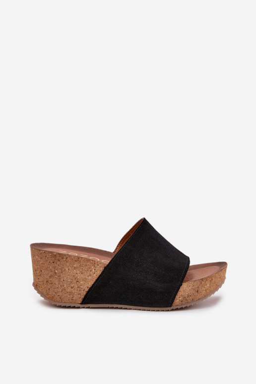Women Suede Sandals On Cork Wedge Black Zazoo 40311
