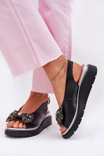 Women's leather wedge sandals with bow Zazoo 1882 black