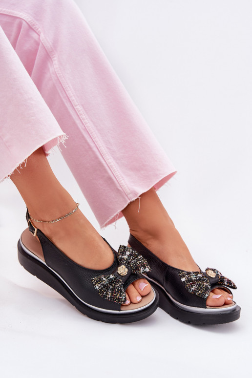 Women's leather wedge sandals with bow Zazoo 1882 black Women's leather wedge sandals with bow Zazoo 1882 black