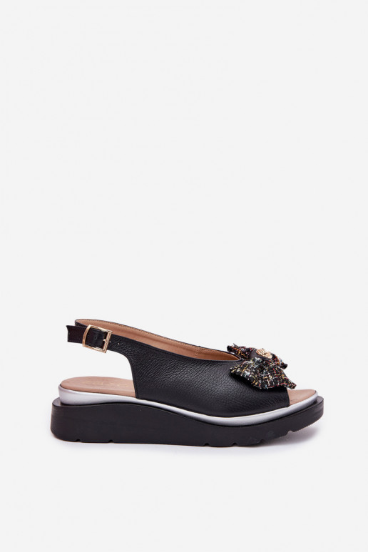 Women's leather wedge sandals with bow Zazoo 1882 black Women's leather wedge sandals with bow Zazoo 1882 black