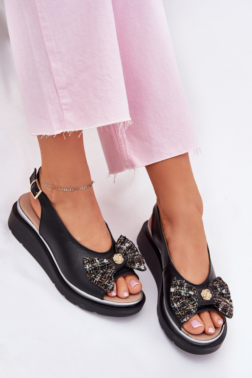 Women's leather wedge sandals with bow Zazoo 1882 black Women's leather wedge sandals with bow Zazoo 1882 black