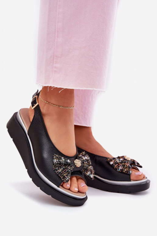 Women's leather wedge sandals with bow Zazoo 1882 black Women's leather wedge sandals with bow Zazoo 1882 black