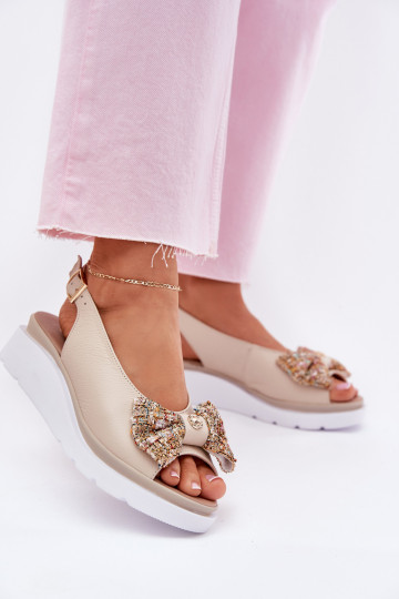 Ladies Leather Wedge Sandals With Bow Beige Zazoo 1882