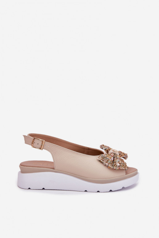 Ladies Leather Wedge Sandals With Bow Beige Zazoo 1882 Ladies Leather Wedge Sandals With Bow Beige Zazoo 1882