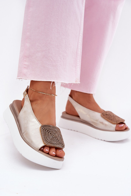 Zazoo 1786 Leather Women's Sandals On Platform With Decoration Golden Distressed Zazoo 1786 Leather Women's Sandals On Platform With Decoration Golden Distressed