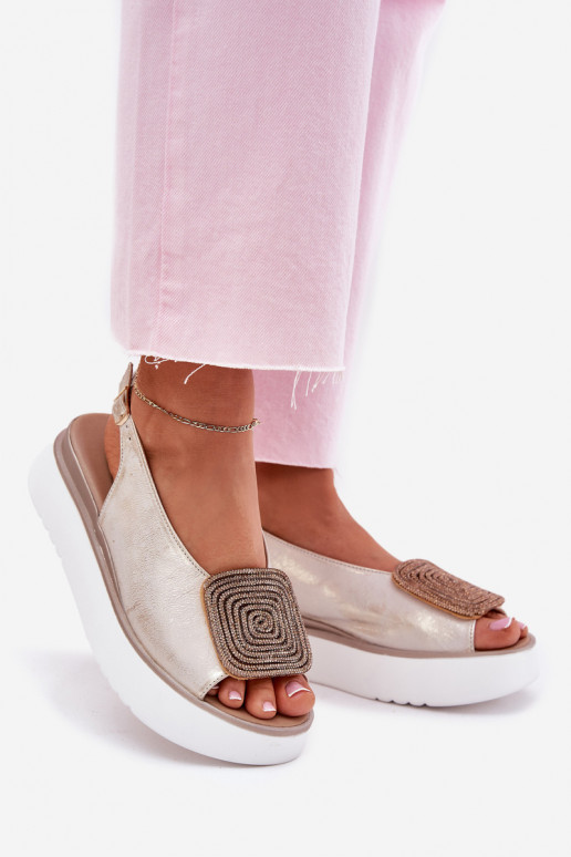 Zazoo 1786 Leather Women's Sandals On Platform With Decoration Golden Distressed Zazoo 1786 Leather Women's Sandals On Platform With Decoration Golden Distressed