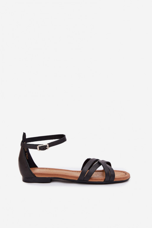 Skórzane Sandały Damskie Na Płaskim Obcasie Maciejka 07029-01 Czarne