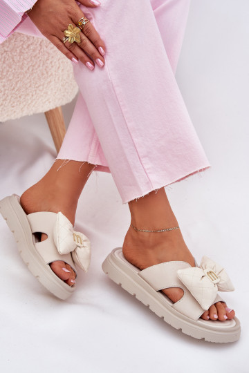 Ladies Leather Platform Sandals With Bow CheBello 4647 Beige