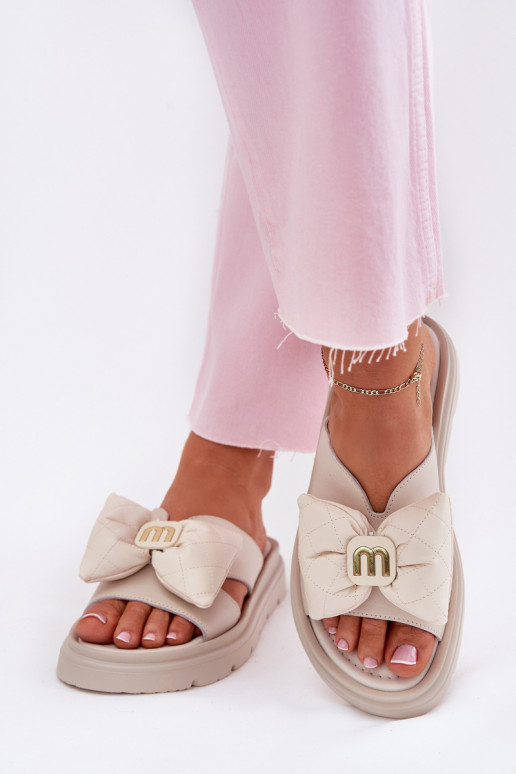 Ladies Leather Platform Sandals With Bow CheBello 4647 Beige