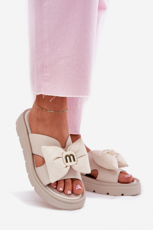 Ladies Leather Platform Sandals With Bow CheBello 4647 Beige