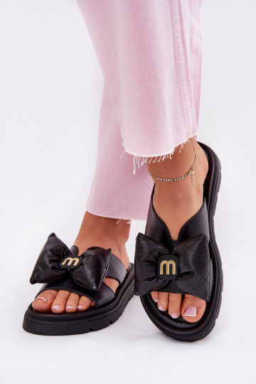 Ladies leather sandals on platform with bow CheBello 4647 black 2