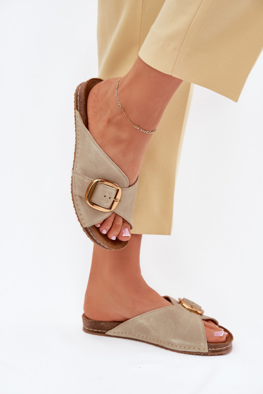 Leather Slippers With Gold Buckle Maciejka 07000-22 Pistachio Leather Slippers With Gold Buckle Maciejka 07000-22 Pistachio