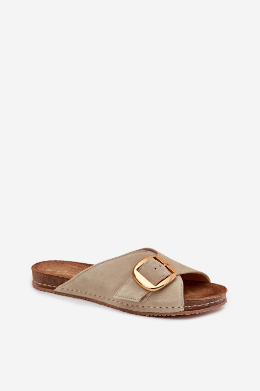 Leather Slippers With Gold Buckle Maciejka 07000-22 Pistachio Leather Slippers With Gold Buckle Maciejka 07000-22 Pistachio