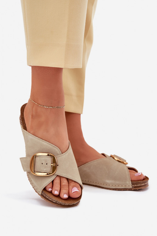 Leather Slippers With Gold Buckle Maciejka 07000-22 Pistachio Leather Slippers With Gold Buckle Maciejka 07000-22 Pistachio