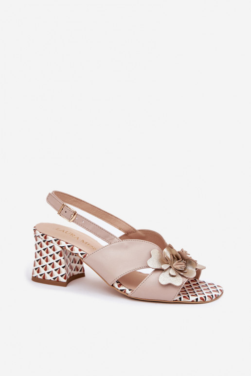 Leather Women's Heeled Sandals With Flowers Beige Laura Messi 2950 Leather Women's Heeled Sandals With Flowers Beige Laura Messi 2950
