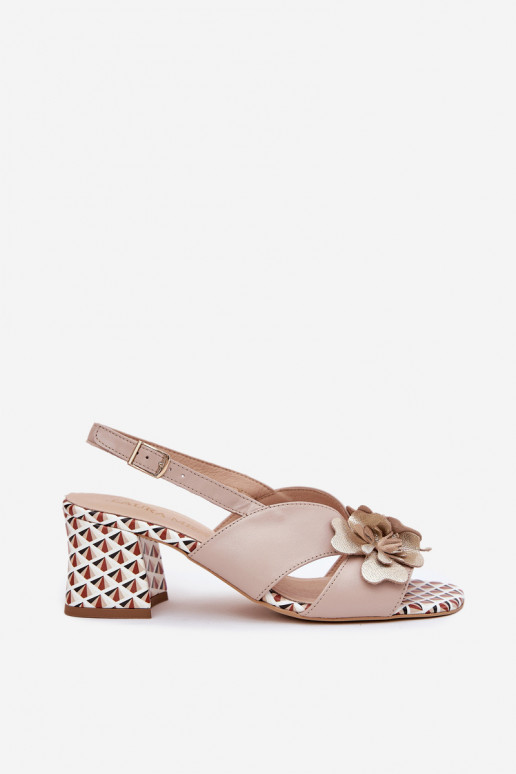 Leather Women's Heeled Sandals With Flowers Beige Laura Messi 2950 Leather Women's Heeled Sandals With Flowers Beige Laura Messi 2950