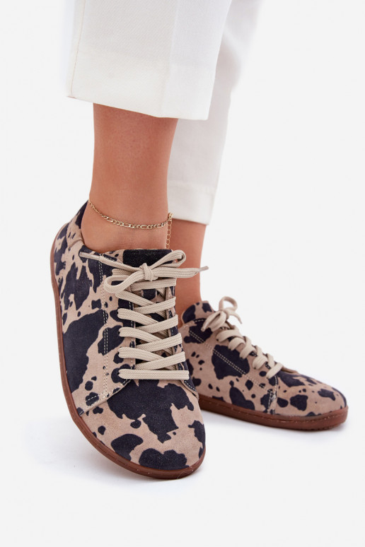 Women's Suede Barefoot Sneakers With Stripes Zazoo N1120 Brown-Beige Women's Suede Barefoot Sneakers With Stripes Zazoo N1120 Brown-Beige