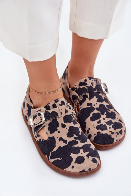 Suede Half Shoes Barefoot Women With Buckle Patches Zazoo N1261 Brown-Beige Suede Half Shoes Barefoot Women With Buckle Patches Zazoo N1261 Brown-Beige