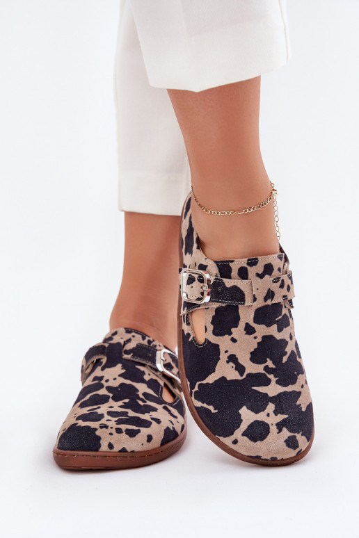 Suede Half Shoes Barefoot Women With Buckle Patches Zazoo N1261 Brown-Beige Suede Half Shoes Barefoot Women With Buckle Patches Zazoo N1261 Brown-Beige