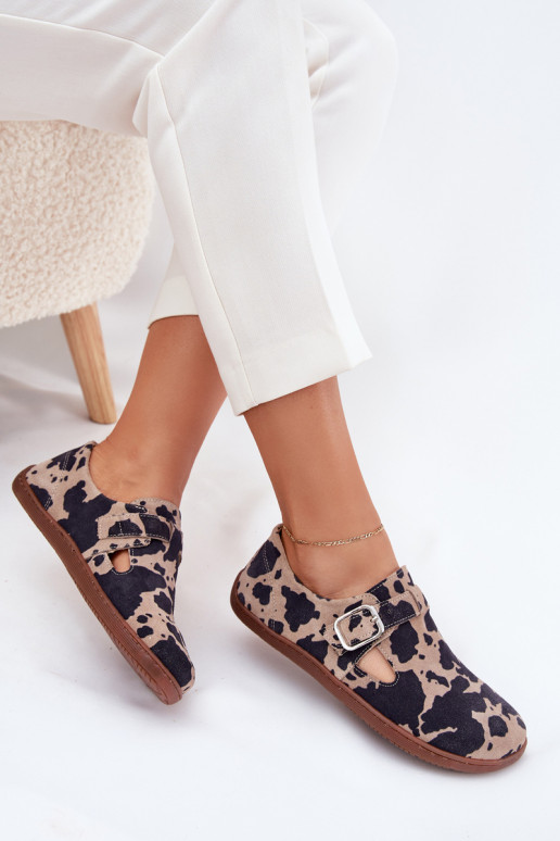 Suede Half Shoes Barefoot Women With Buckle Patches Zazoo N1261 Brown-Beige Suede Half Shoes Barefoot Women With Buckle Patches Zazoo N1261 Brown-Beige