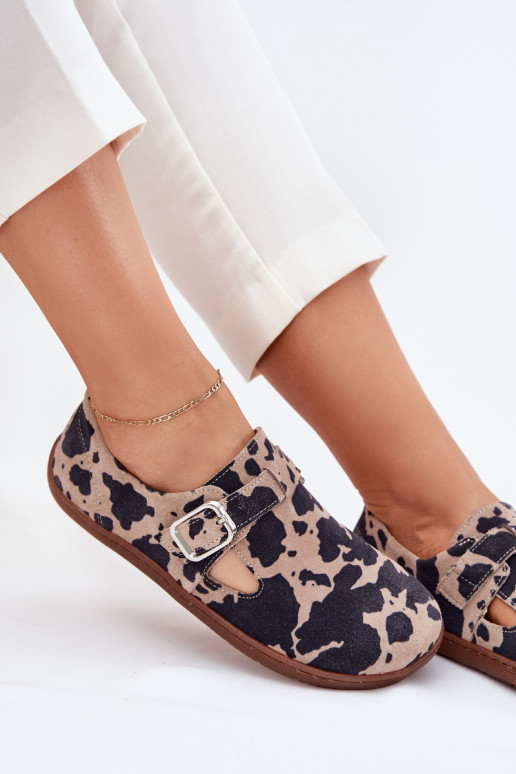 Suede Half Shoes Barefoot Women With Buckle Patches Zazoo N1261 Brown-Beige Suede Half Shoes Barefoot Women With Buckle Patches Zazoo N1261 Brown-Beige