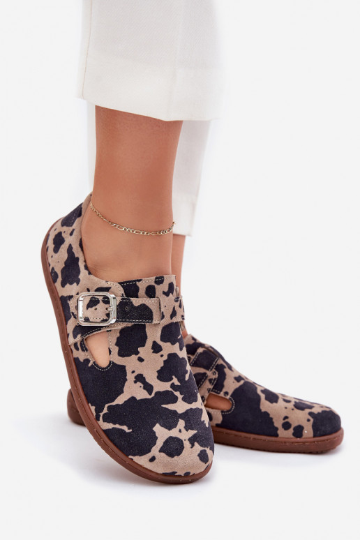 Suede Half Shoes Barefoot Women With Buckle Patches Zazoo N1261 Brown-Beige Suede Half Shoes Barefoot Women With Buckle Patches Zazoo N1261 Brown-Beige