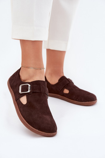 Suede Lace-Up Shoes Barefoot Women's With Buckle Patches Zazoo N1261 Chocolate