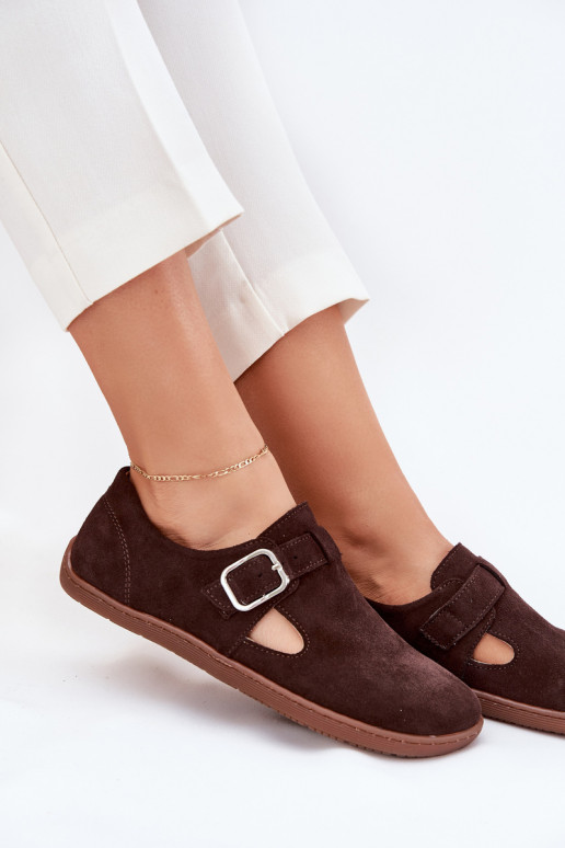 Suede Lace-Up Shoes Barefoot Women's With Buckle Patches Zazoo N1261 Chocolate